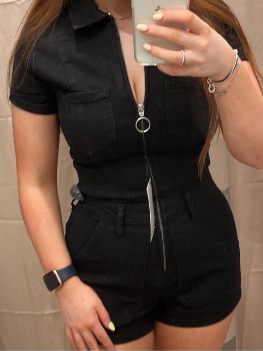 Bershka Black Denim Short-Sleeve Zip Romper Shorts